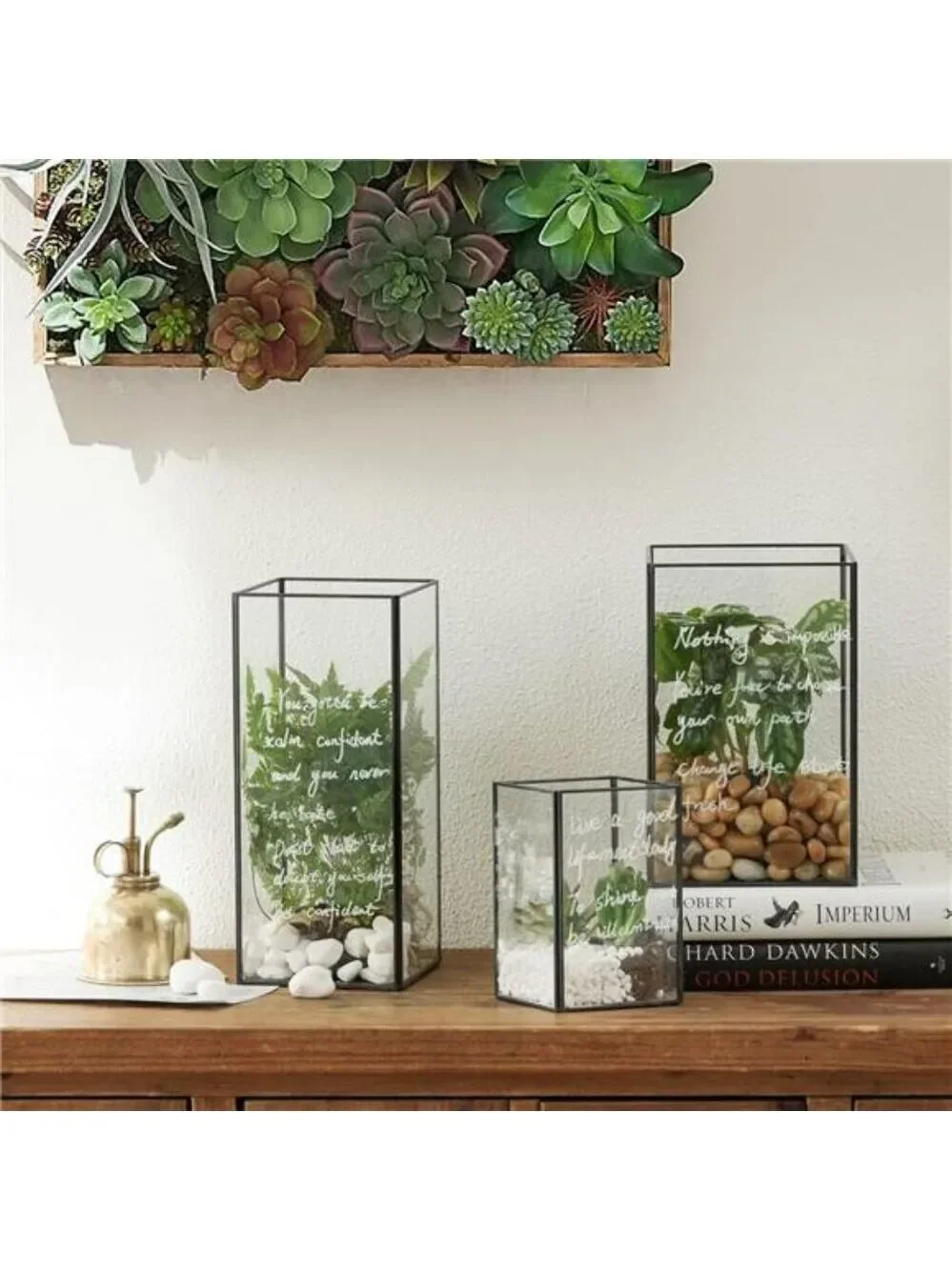 Square Glass Hurricane Candle Holders Set of 3 Vintage Brass Frame Home Centerpi